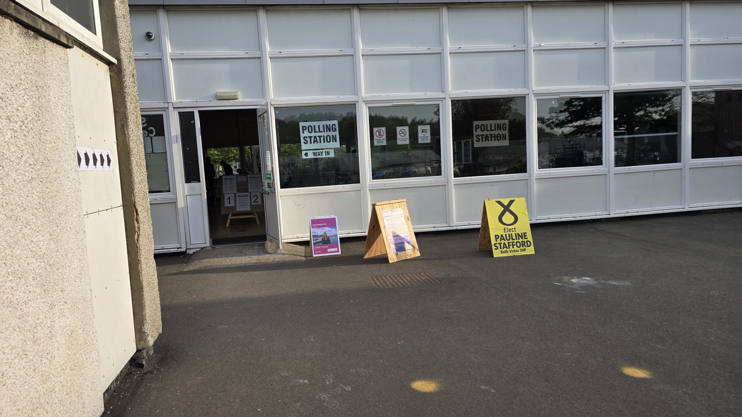 Polling Station entrance with SNP campaign board visible