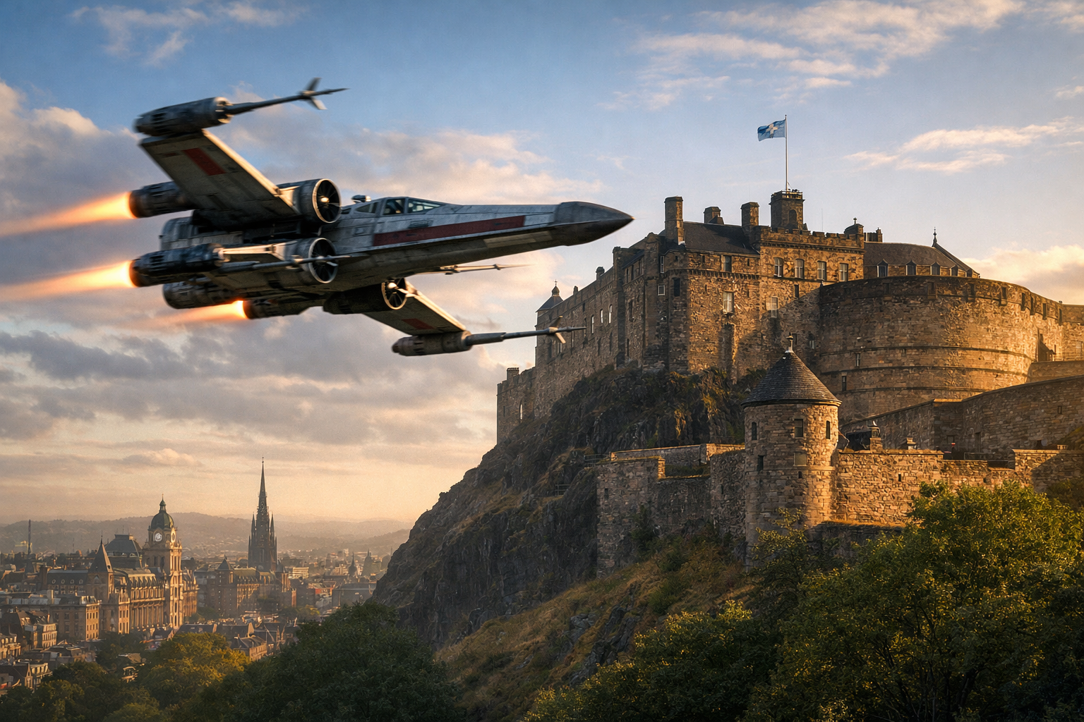 Star Wars AT-AT walker and Death Star over Glasgow – AI generated image